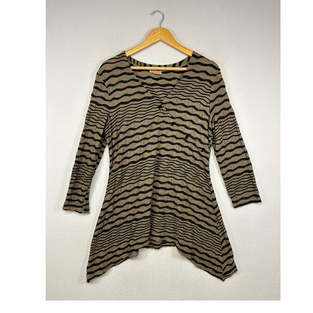 Lagenlook Boho Tianello Womens Med Olive Green Wavy Stripe Textured Paige Tunic
